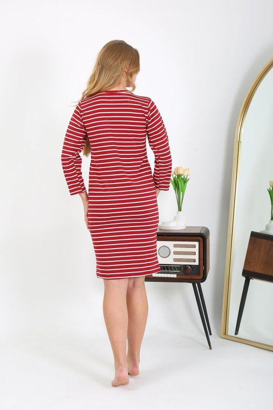 Moda Çizgi Pamuk Ev Elbisesi Tunik Gecelik Kırmızı 13132 - 3