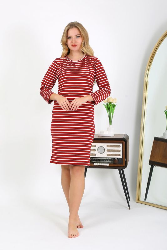 Moda Çizgi Pamuk Ev Elbisesi Tunik Gecelik Kırmızı 13132 - 4
