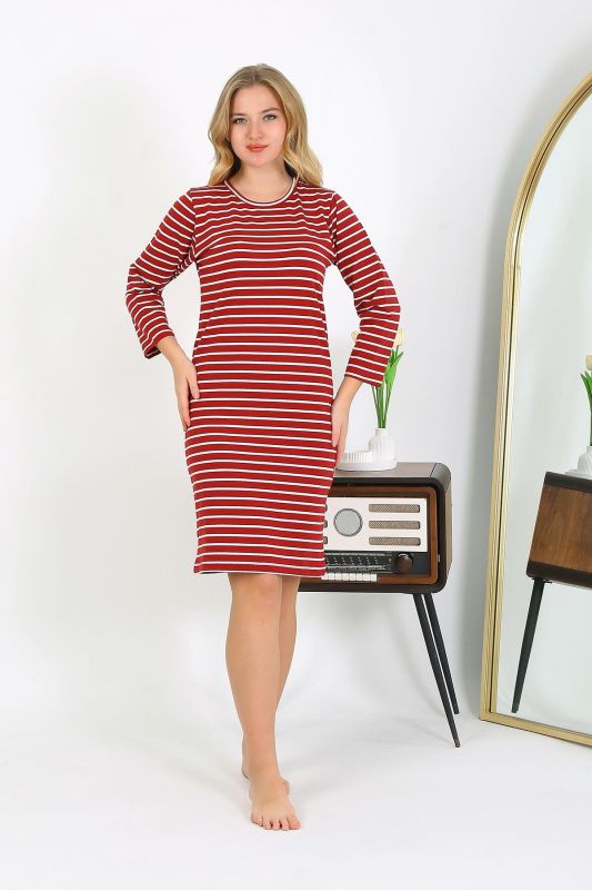 Moda Çizgi Pamuk Ev Elbisesi Tunik Gecelik Kırmızı 13132 - 5