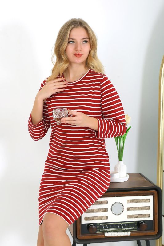 Moda Çizgi Pamuk Ev Elbisesi Tunik Gecelik Kırmızı 13132 - 6