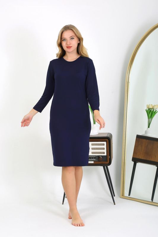 Moda Çizgi Pamuk Ev Elbisesi Tunik Gecelik Lacivert 13132 - 1