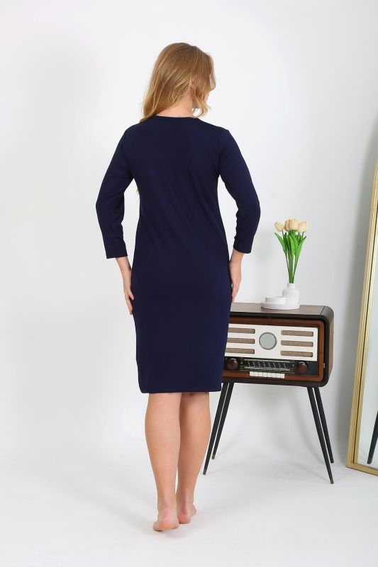 Moda Çizgi Pamuk Ev Elbisesi Tunik Gecelik Lacivert 13132 - 3