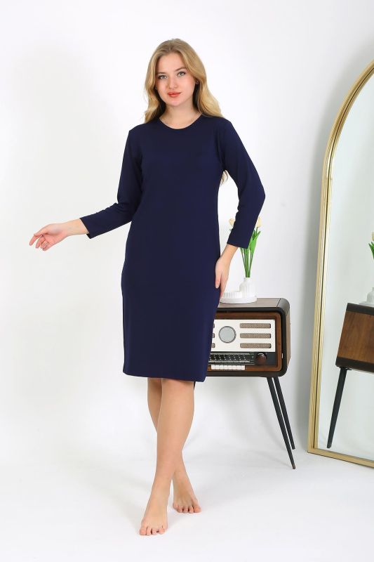 Moda Çizgi Pamuk Ev Elbisesi Tunik Gecelik Lacivert 13132 - 4