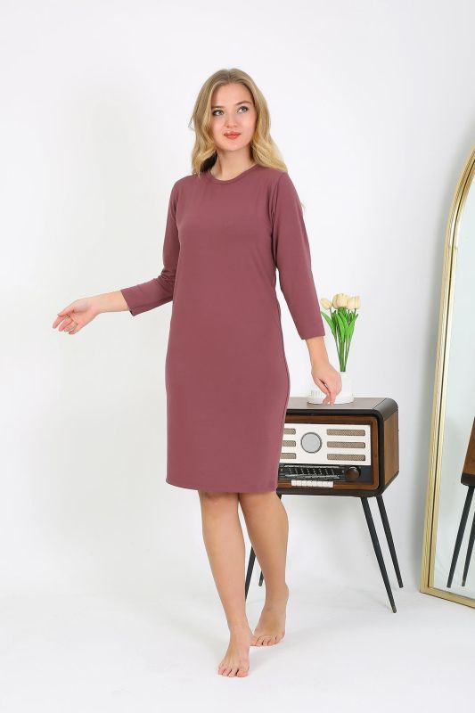 Moda Çizgi Pamuk Ev Elbisesi Tunik Gecelik Mürdüm 13132 - 1