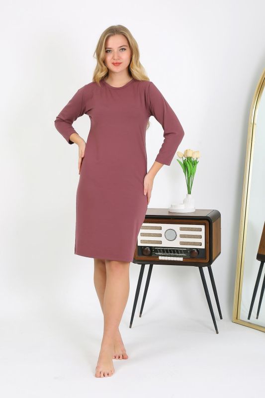 Moda Çizgi Pamuk Ev Elbisesi Tunik Gecelik Mürdüm 13132 - 2