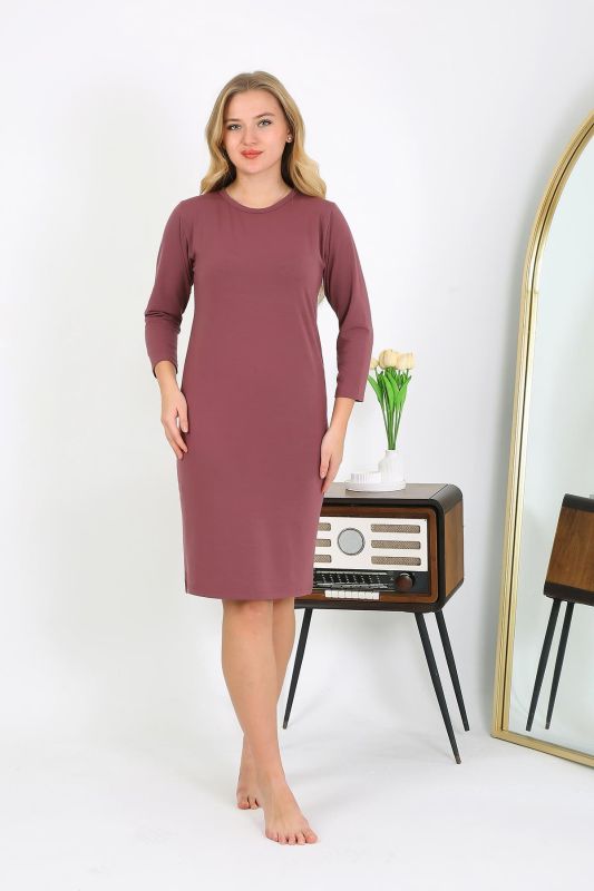 Moda Çizgi Pamuk Ev Elbisesi Tunik Gecelik Mürdüm 13132 - 5