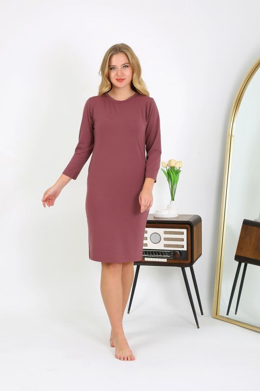 Moda Çizgi Pamuk Ev Elbisesi Tunik Gecelik Mürdüm 13132 - 6