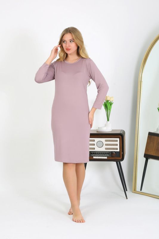 Moda Çizgi Pamuk Ev Elbisesi Tunik Gecelik Pudra 13132 - 1