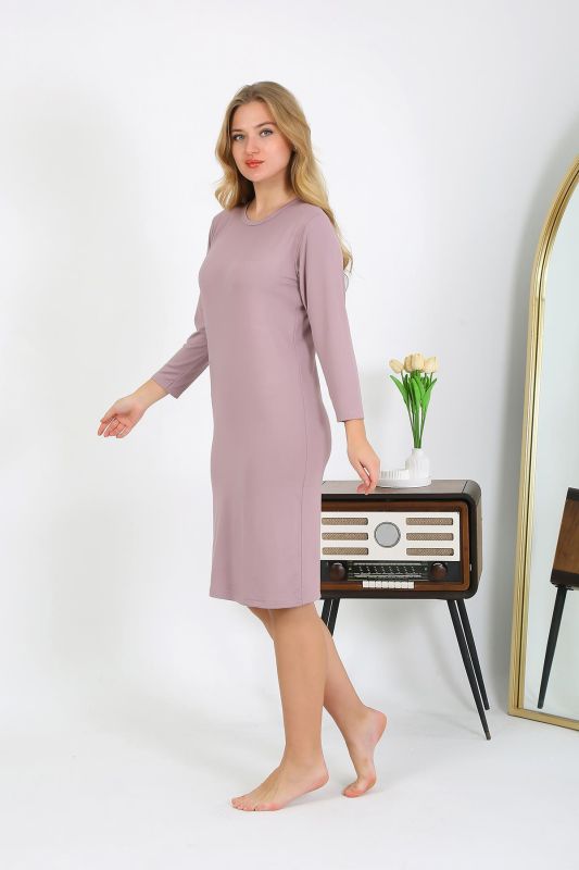 Moda Çizgi Pamuk Ev Elbisesi Tunik Gecelik Pudra 13132 - 2