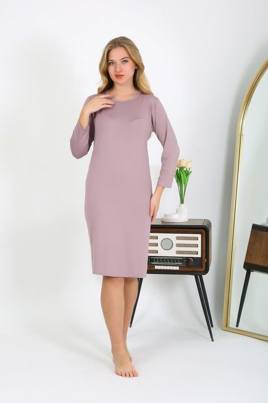Moda Çizgi Pamuk Ev Elbisesi Tunik Gecelik Pudra 13132 - 3