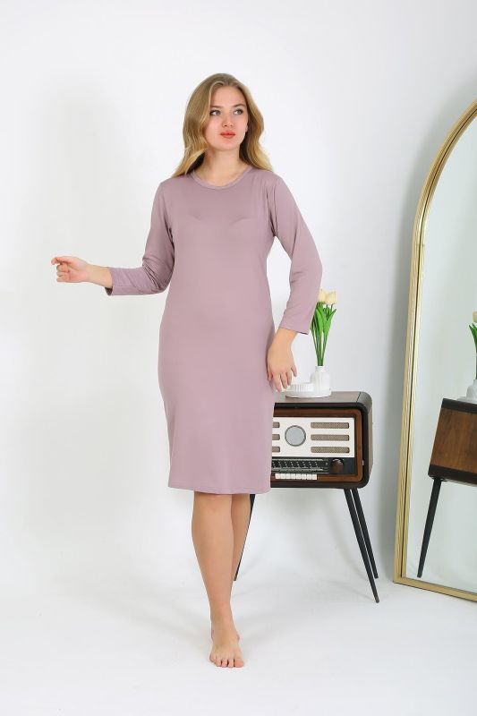 Moda Çizgi Pamuk Ev Elbisesi Tunik Gecelik Pudra 13132 - 5