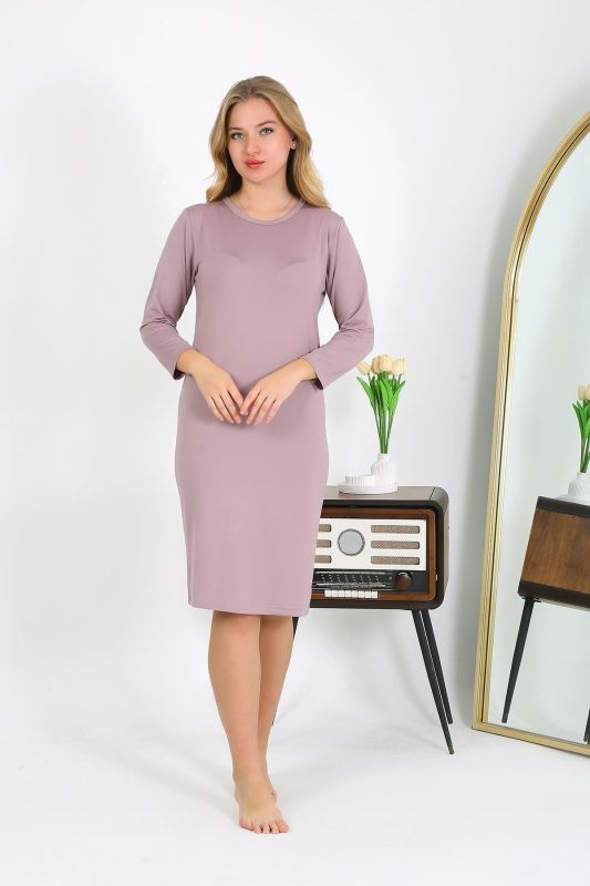 Moda Çizgi Pamuk Ev Elbisesi Tunik Gecelik Pudra 13132 - 6