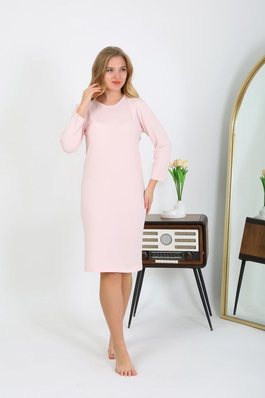 Moda Çizgi Pamuk Ev Elbisesi Tunik Gecelik Somon 13132 - 1