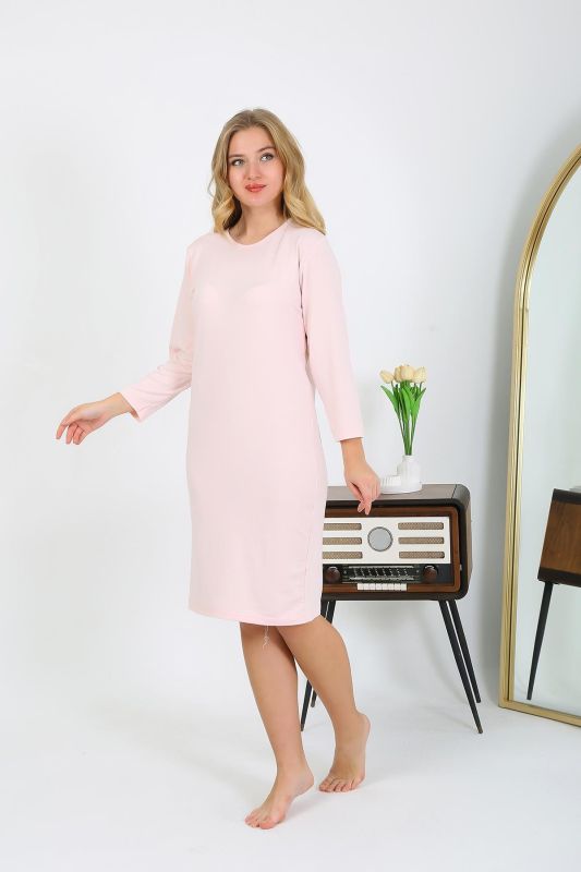 Moda Çizgi Pamuk Ev Elbisesi Tunik Gecelik Somon 13132 - 3