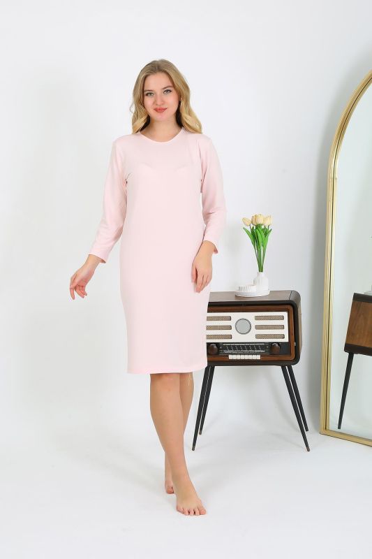 Moda Çizgi Pamuk Ev Elbisesi Tunik Gecelik Somon 13132 - 4