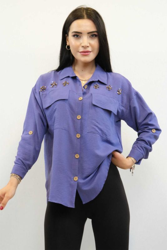 Moda Çizgi Cotton Çizgin Shirt Purple - 2