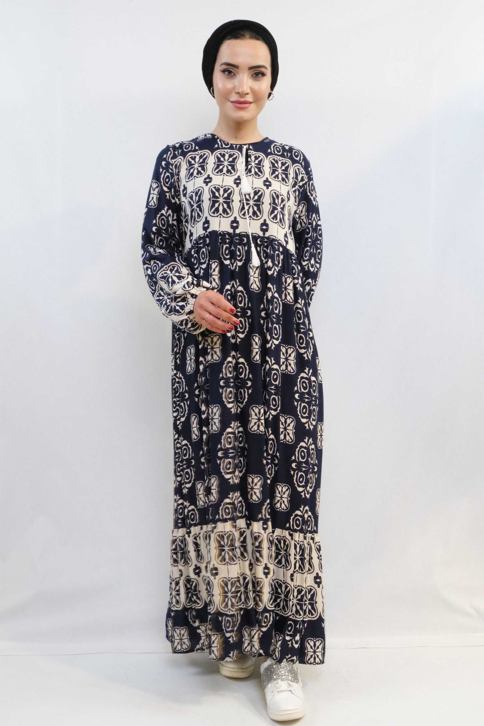 Moda Çizgi Papatya Desen Elbise Lacivert - 42 | Lacivert