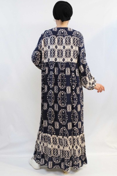 Moda Çizgi Papatya Desen Elbise Lacivert - Thumbnail