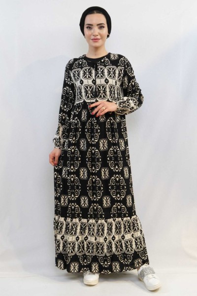 Moda Çizgi Papatya Desen Elbise Siyah - Thumbnail