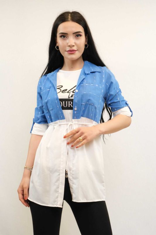 Moda Çizgi Pıt Pıt Desen İkili Takım İndigo - 1