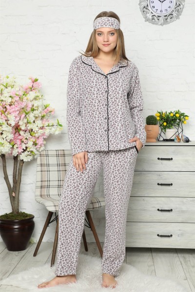 Moda Çizgi Polar Önden Düğmeli Kadın Pijama Takımı 8082 - Thumbnail