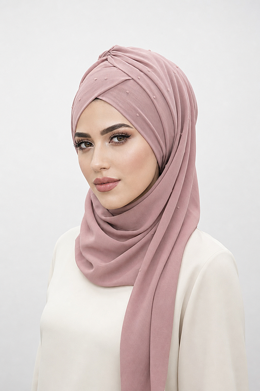 Pudra Ponpon Çapraz Bantlı Hazır Şal - 2