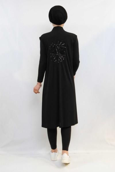 Moda Çizgi Pullu Nakış İşlemeli Yelek Mc724 Siyah - Thumbnail