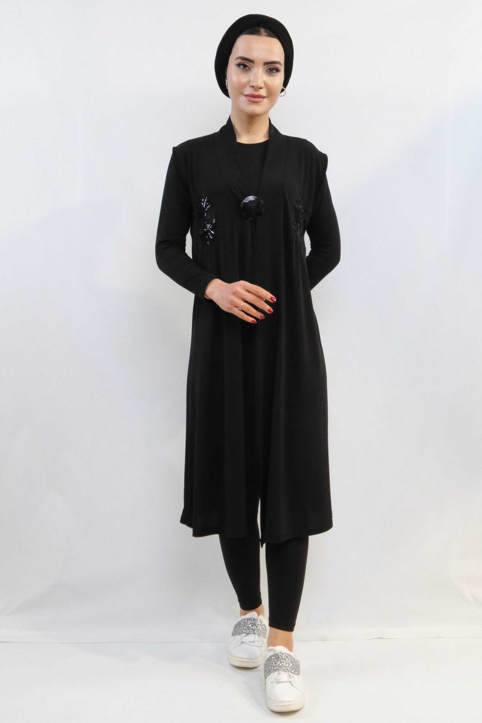Moda Çizgi Pullu Nakış İşlemeli Yelek Mc724 Siyah - XL | SİYAH