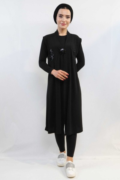 Moda Çizgi Pullu Nakış İşlemeli Yelek Mc724 Siyah - Thumbnail