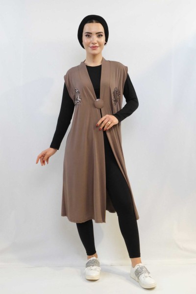 Moda Çizgi Pullu Nakış İşlemeli Yelek Mc724 Bej - Thumbnail