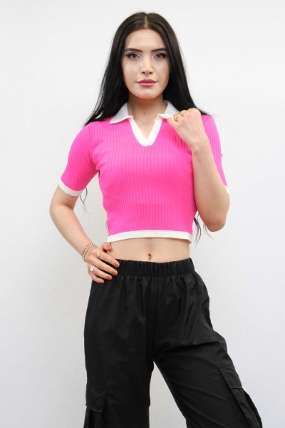 Moda Çizgi - Moda Çizgi Renkli Yaka Triko Crop Pembe