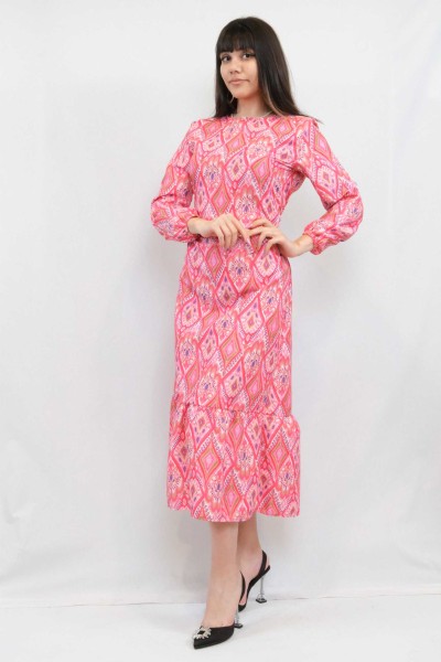 Moda Çizgi Şal Desen Elbise Fuşya - Thumbnail