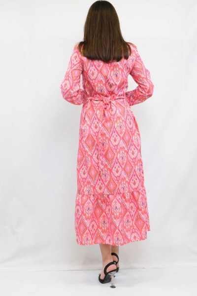 Moda Çizgi Şal Desen Elbise Fuşya - Thumbnail