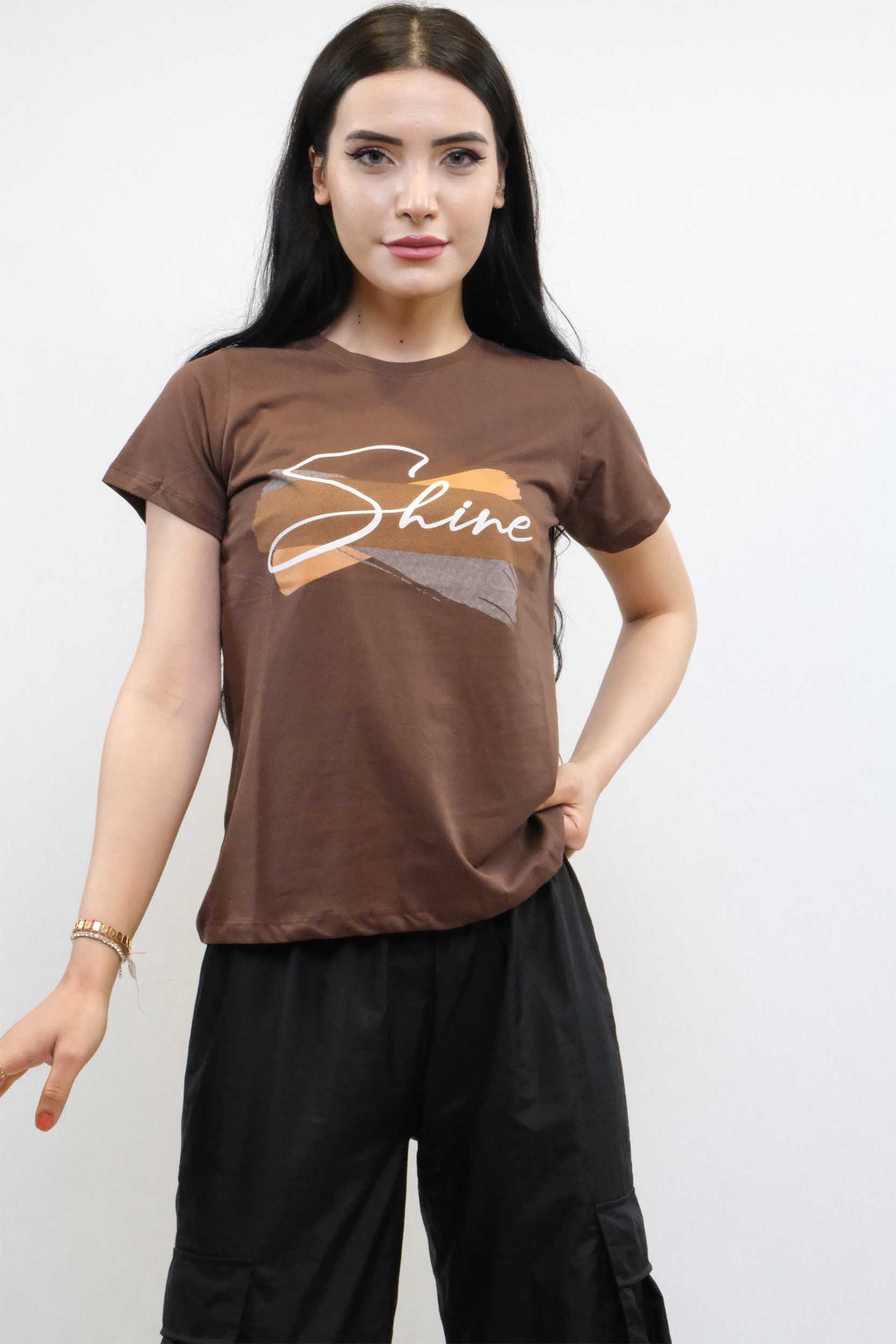 Moda Çizgi Shine Baskılı Tshirt Kahve - S | Kahverengi