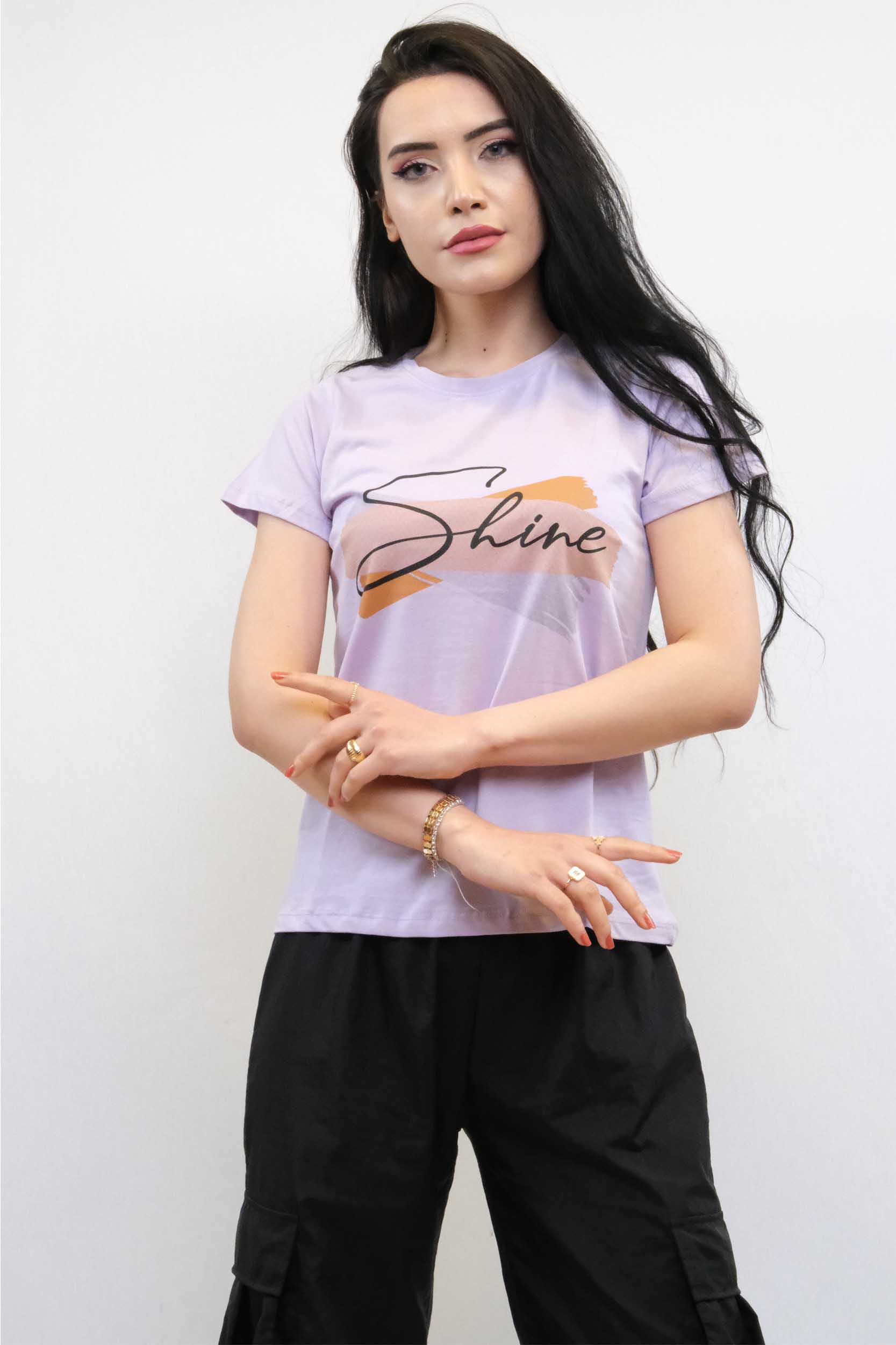 Moda Çizgi Shine Baskılı Tshirt Lila - S | Lila