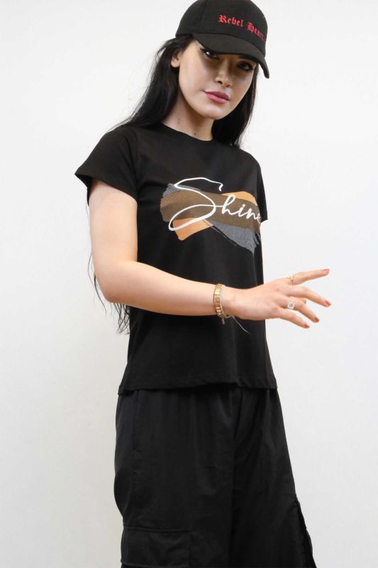 Moda Çizgi Shine Printed Tshirt Black - 1
