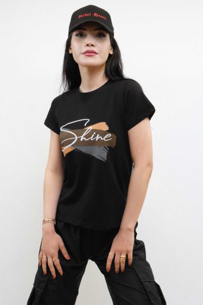 Moda Çizgi Shine Baskılı Tshirt Siyah - Thumbnail