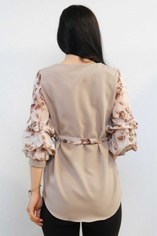 Moda Çizgi Şifon Kol Bluz Vizon - 2