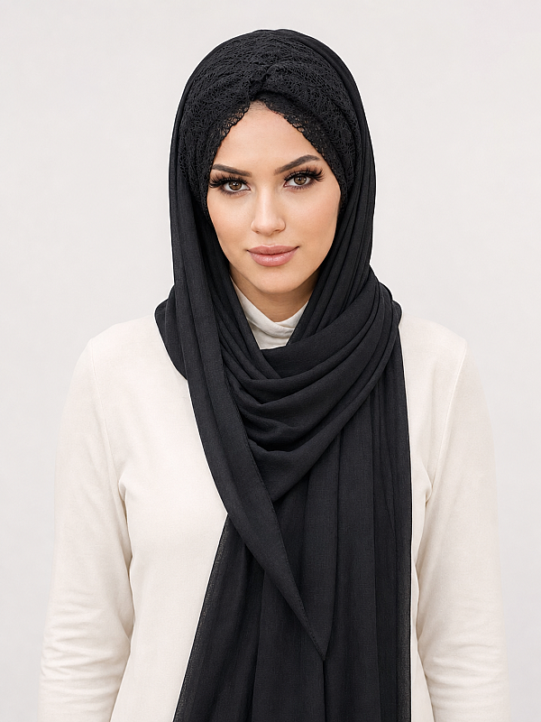 Siyah Dantelli Burgu Model Hazır Şal - 1