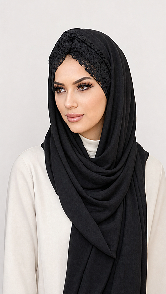 Siyah Dantelli Burgu Model Hazır Şal - 2