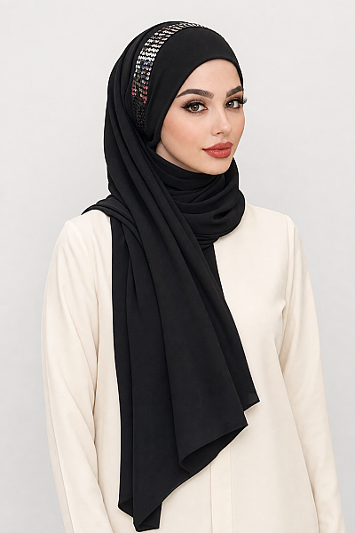 Siyah Gümüş Payetli Bandana Abiye Şal