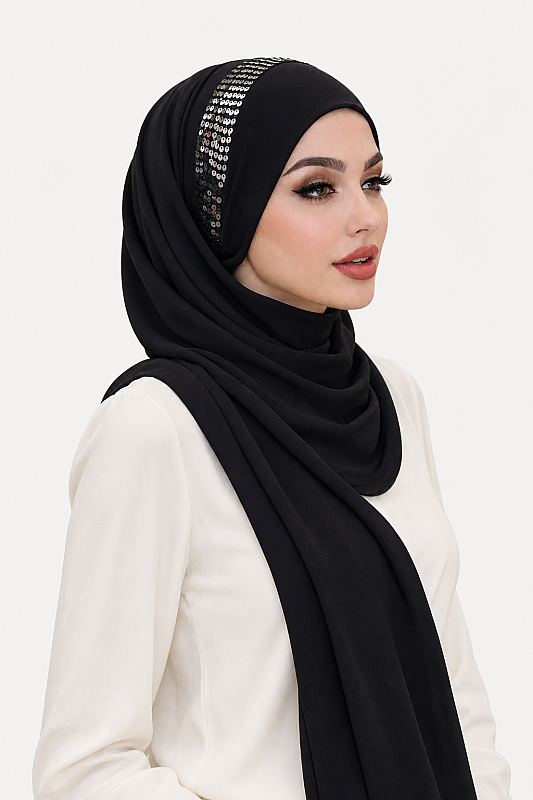 Siyah Gümüş Payetli Bandana Abiye Şal - 2