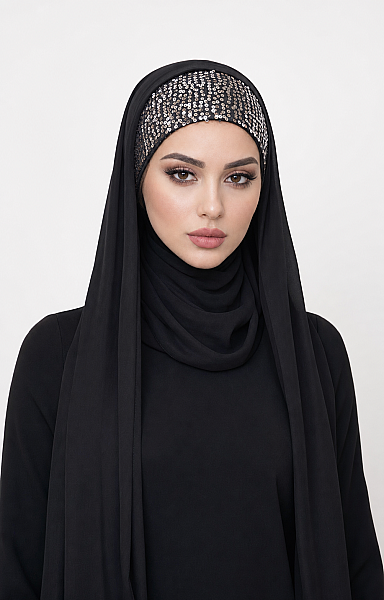 Siyah Gümüş Payetli Bandana Abiye Şal