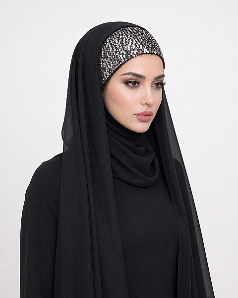 Siyah Gümüş Payetli Bandana Abiye Şal - 2