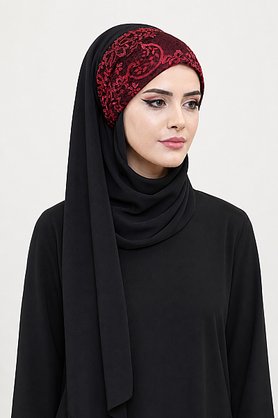 Siyah Kırmızı Bandana Hazır Abiye Şal