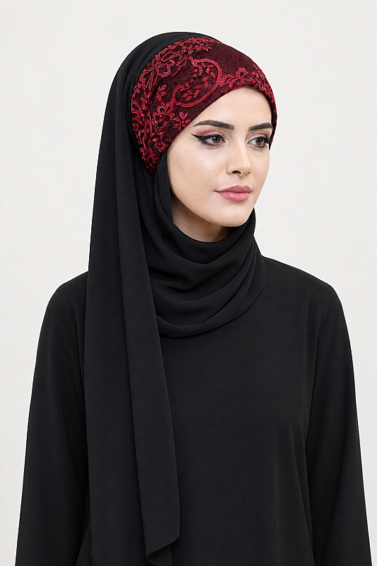 Siyah Kırmızı Bandana Hazır Abiye Şal - 1