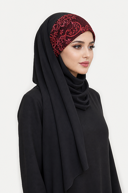 Siyah Kırmızı Bandana Hazır Abiye Şal - 2