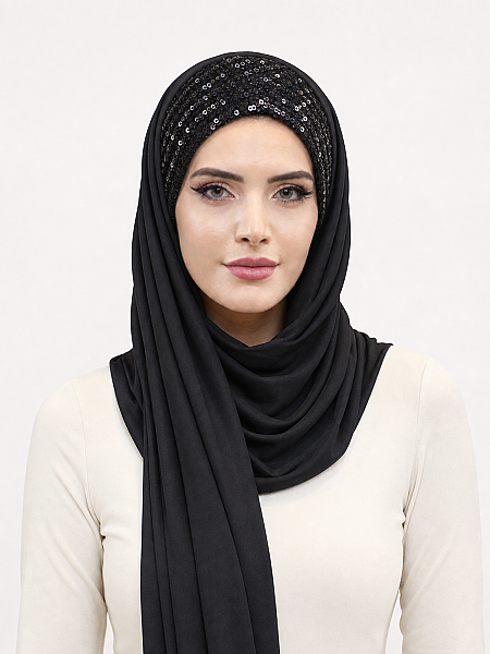 Siyah Payetli Bandana Abiye Şal