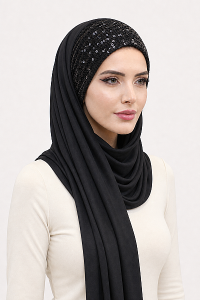 Siyah Payetli Bandana Abiye Şal - 2