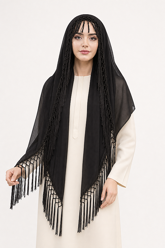 Siyah Püsküllü Şifon Şal 170cmx65cm - 1